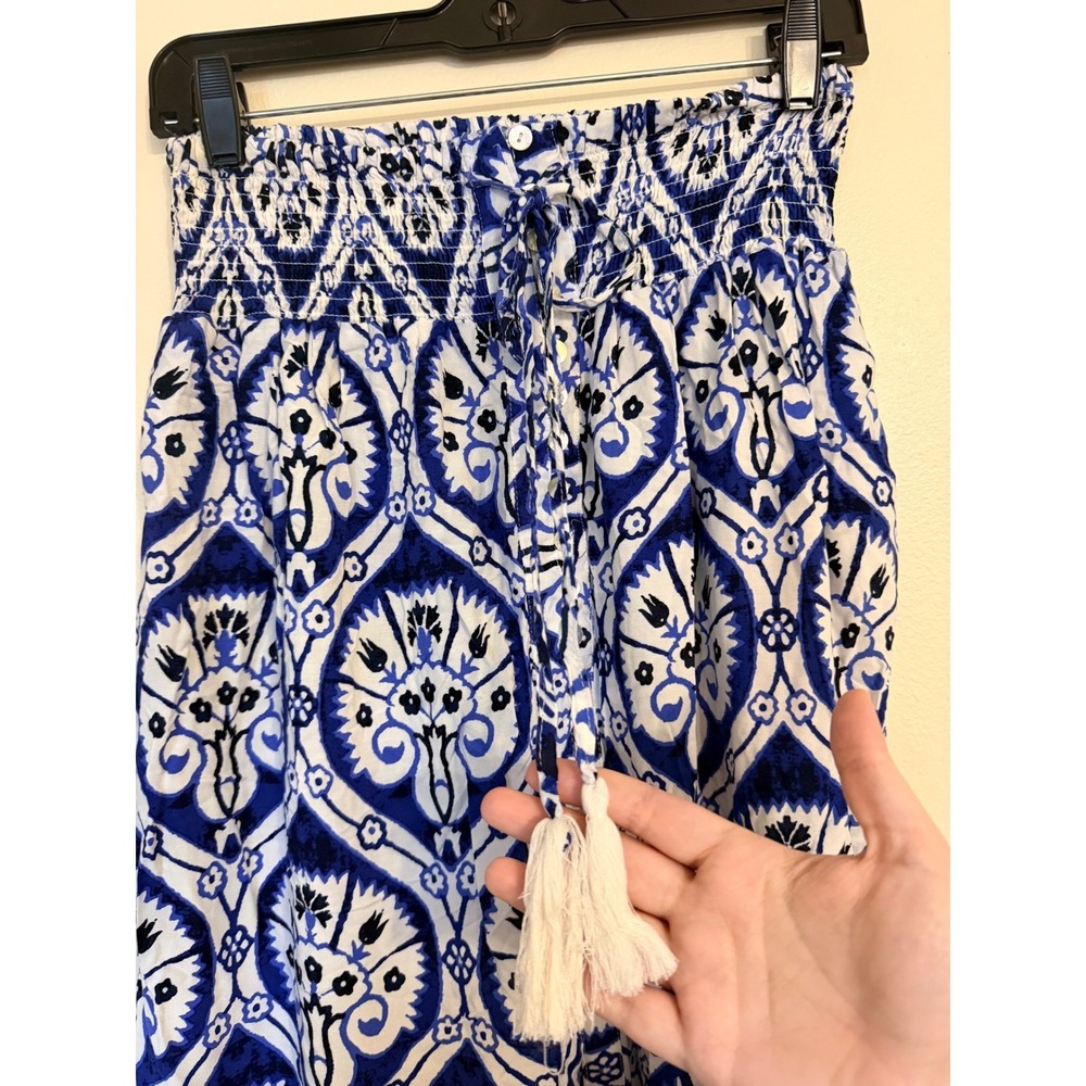 Haute Hippie Women Maxi Skirt M Blue White Medallion Tassel Boho Festival Button - Picture 2 of 7